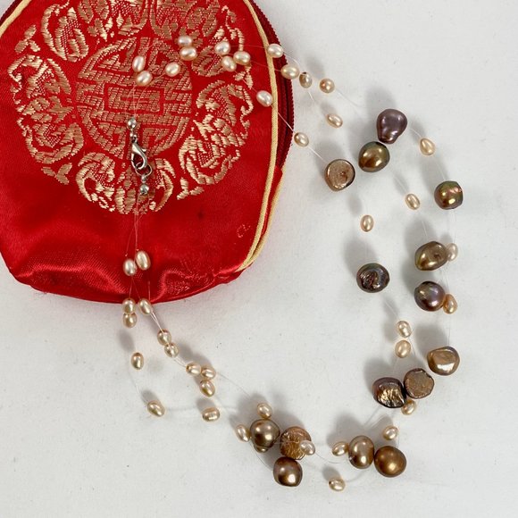 Freshwater Pearl 3 Strands Illusion Necklace 15" - Picture 3 of 4